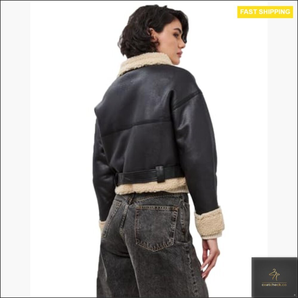 Faux Leather Aviator Bomber Jacket with Sherpa Lining, Winter Coat - Picture 5 of 7